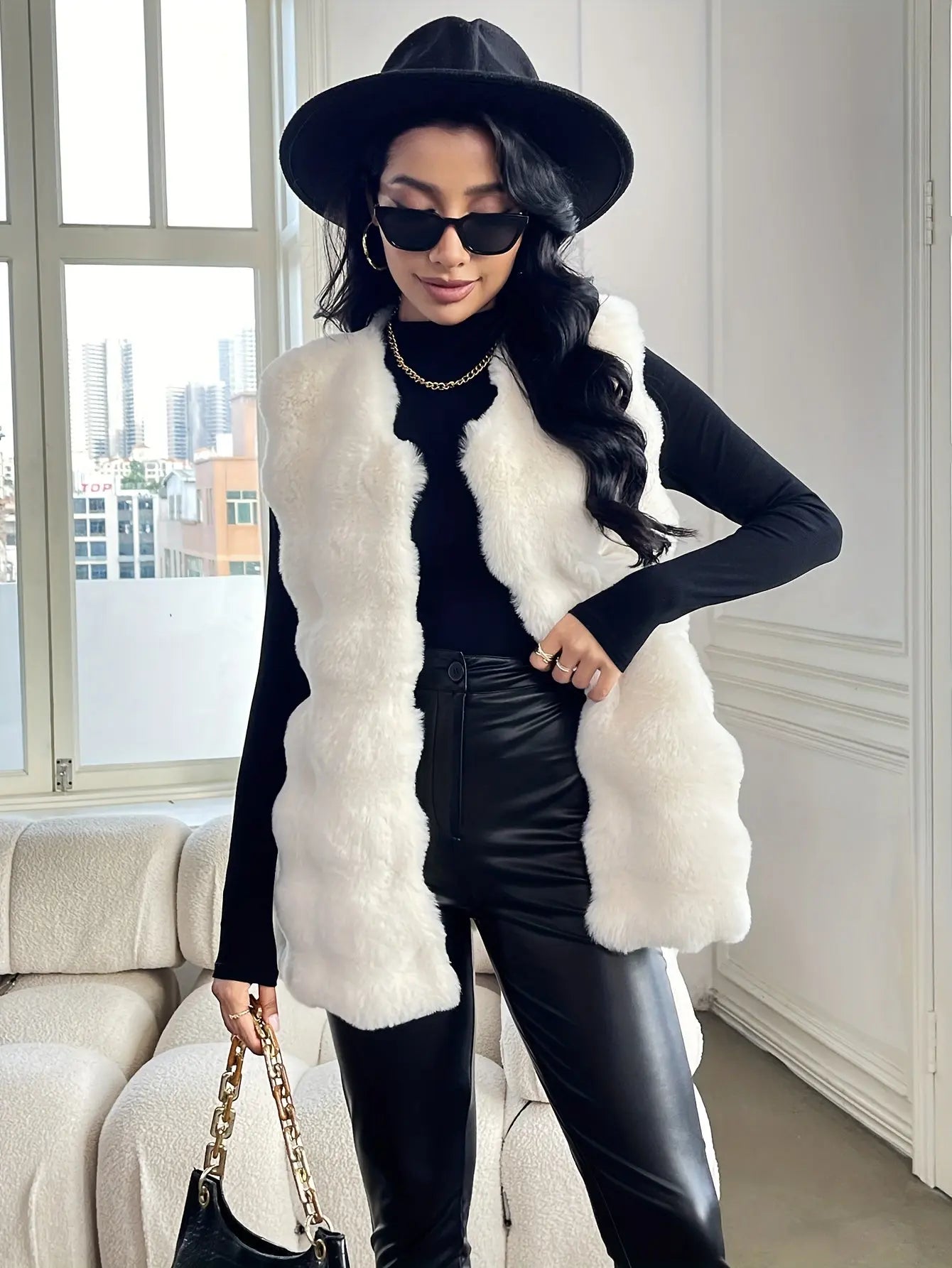 Faux Fur Open Front Fuzzy Coat, Elegant Sleeveless Warm Outerwear For Fall & Winter, Women's Clothing MyFave Boutique