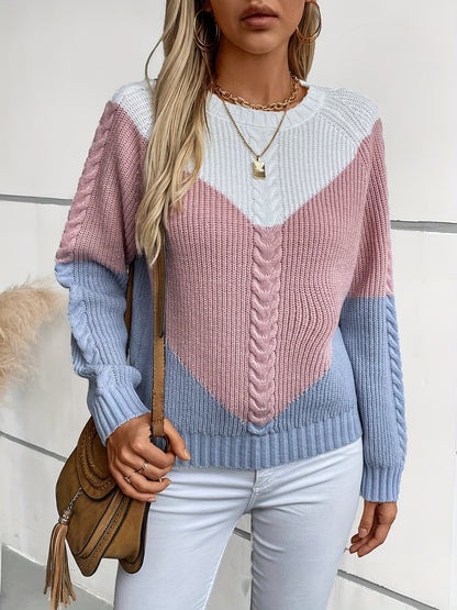 Color Block Crew Neck Pullover Sweater, Casual Long Sleeve Knitted Sweater For Fall & Winter, Women's Clothing MyFave Boutique