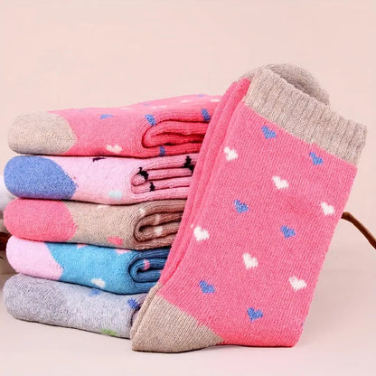 5 Pairs Colorful Heart & Argyle Print Socks, Casual Thick Warm Terry Mid Tube Socks For Fall & Winter, Women's Stockings & Hosiery MyFave Boutique