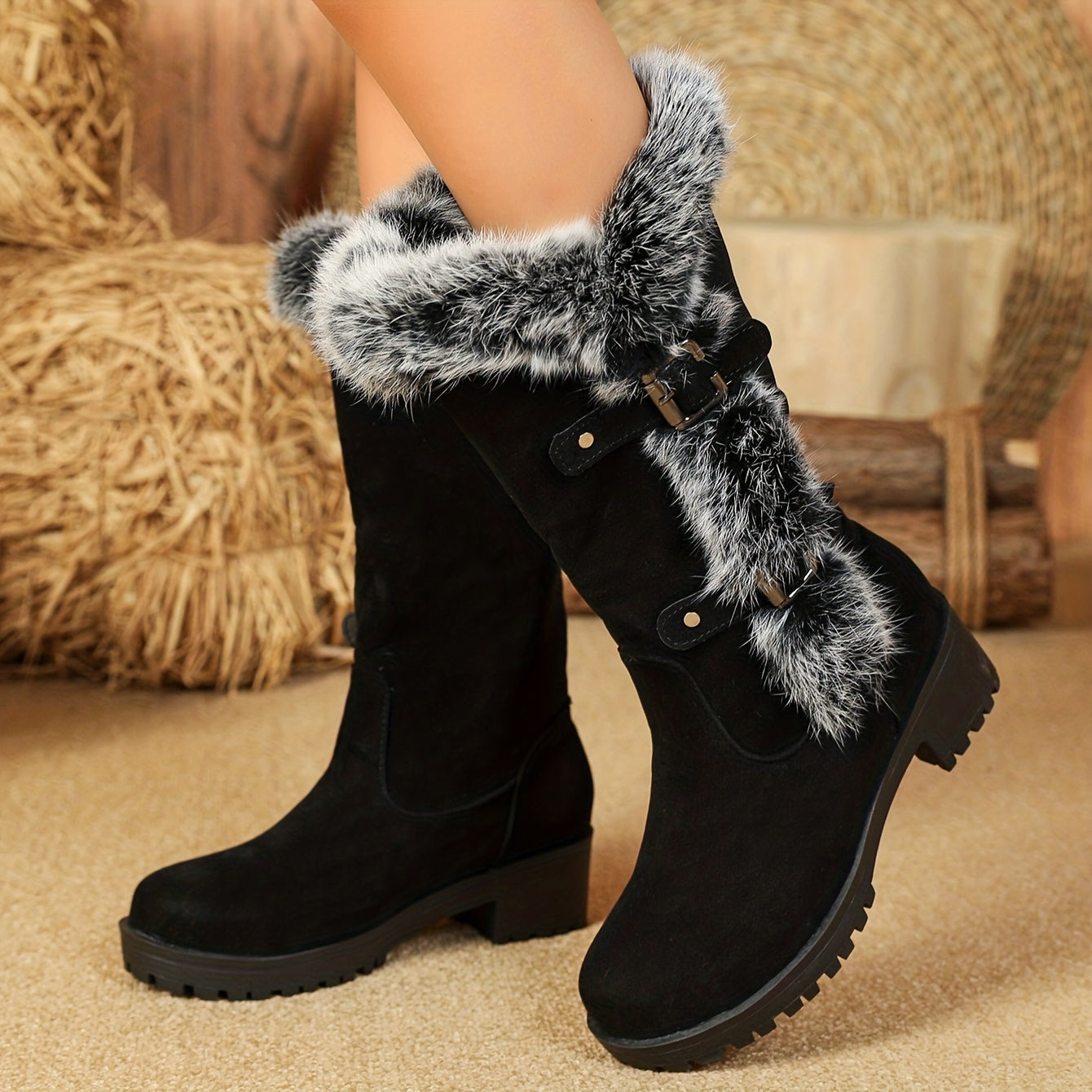 Women's Furry Plush Lined Mid Calf Boots, Winter Warm Buckle Strap Snow Boots, Thermal Chunky Heeled Boots MyFave Boutique