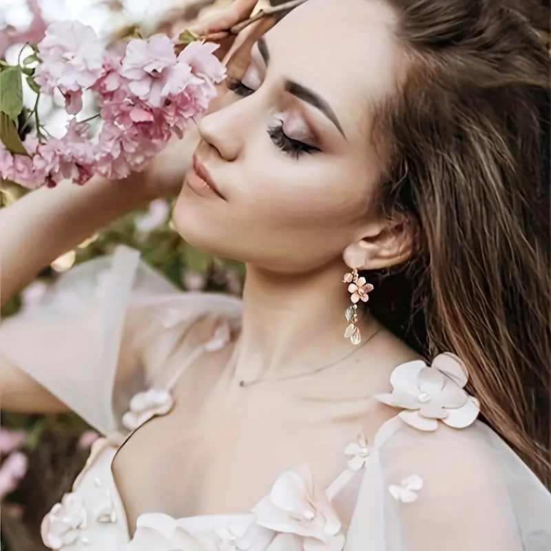 Floral Pink Cherry Blossom Dangle Earrings With Imitation Pearl Accents, Summer Breeze Pastoral Style, Classic Festive Ear Jewelry For Seaside Holidays MyFave Boutique