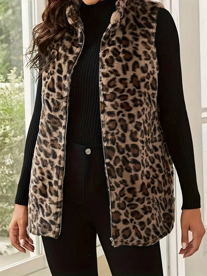 Women's Faux Fur Vest, Elegant Leopard Print, Zippered Open Front, Sleeveless, Polyester, Knit Fabric, with Pockets, for Fall/Winter, Adult Size MyFave Boutique