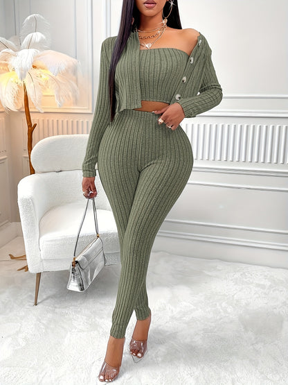 Casual Three Piece Set, Strapless Crop Tube Top, High Waist Skinny Leggings & Single Breasted Long Sleeve Cardigan, Women's Clothing MyFave Boutique