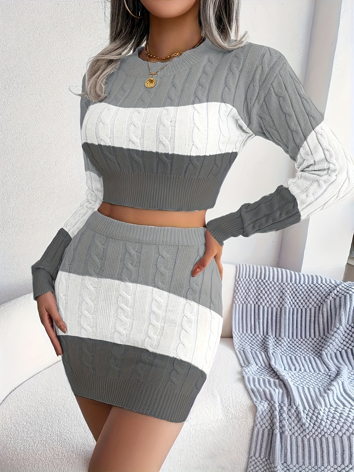 Color Block Sweater Two-piece Set, Crew Neck Long Sleeve Tops & Bag Hip Skirts Outfits, Women's Clothing MyFave Boutique