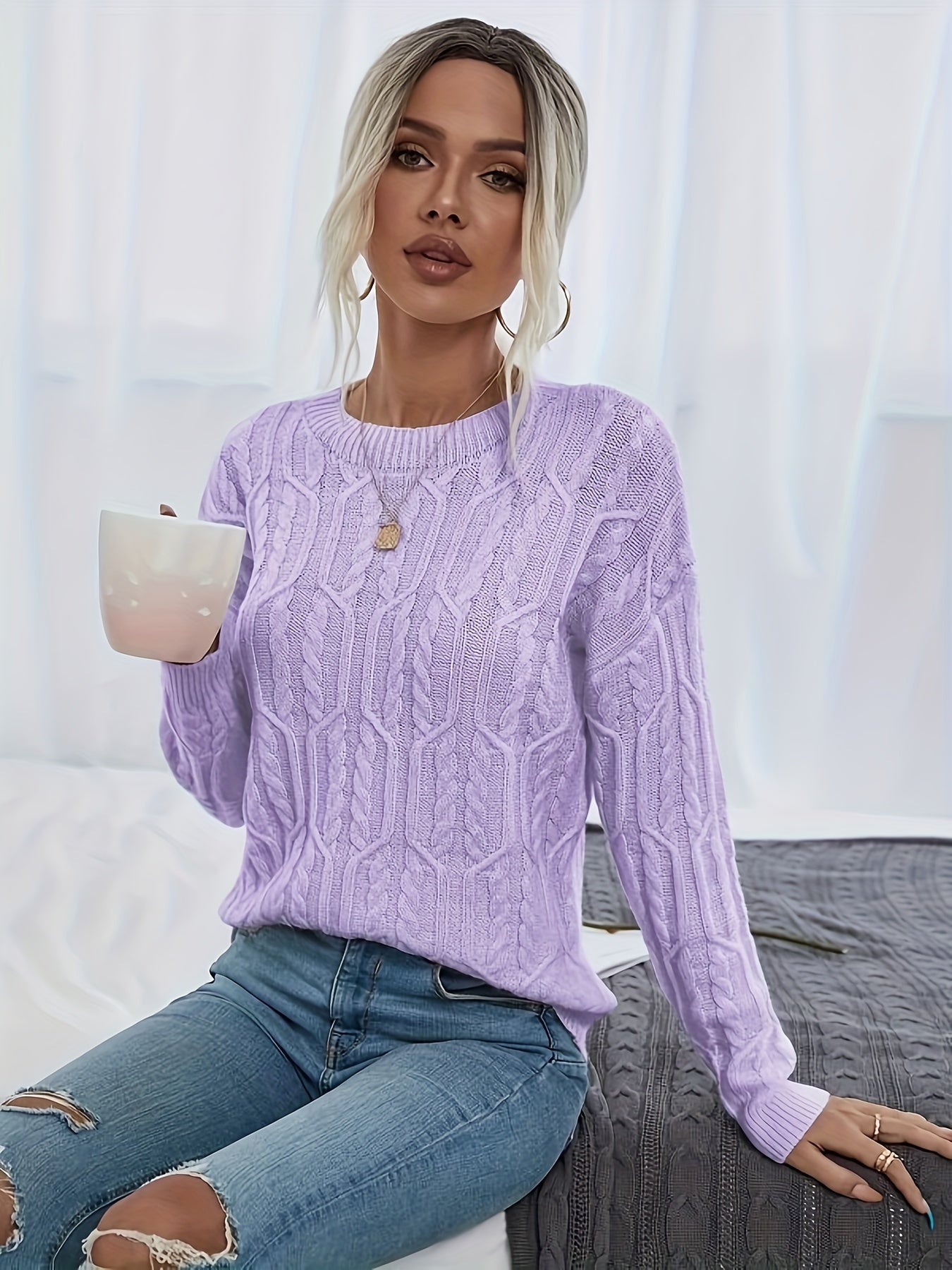 Solid Cable Knit Slouchy Sweater, Elegant Long Sleeve Crew Neck Drop Shoulder Knitted Pullover, Women's Clothing MyFave Boutique