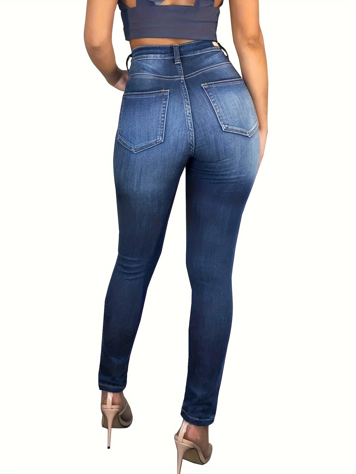 Women's Plain Washed Blue High Rise Ripped Skinny Fit Jeans Stretchy Sexy Distressed Destroyed Denim Pants MyFave Boutique