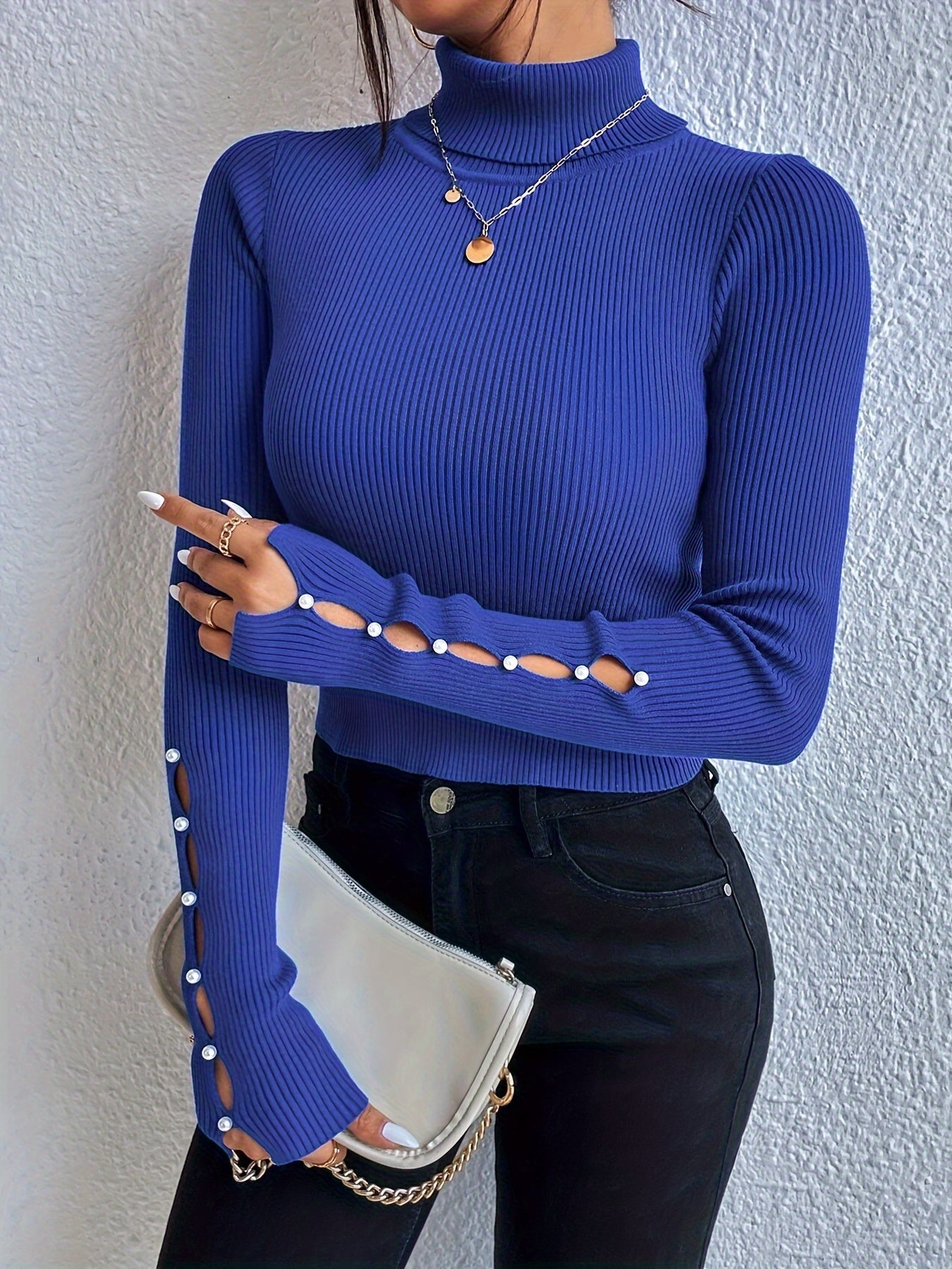 Beaded Hollow Out Slim Sweater, Elegant Turtle Neck Long Sleeve Sweater For Spring & Fall, Women's Clothing MyFave Boutique