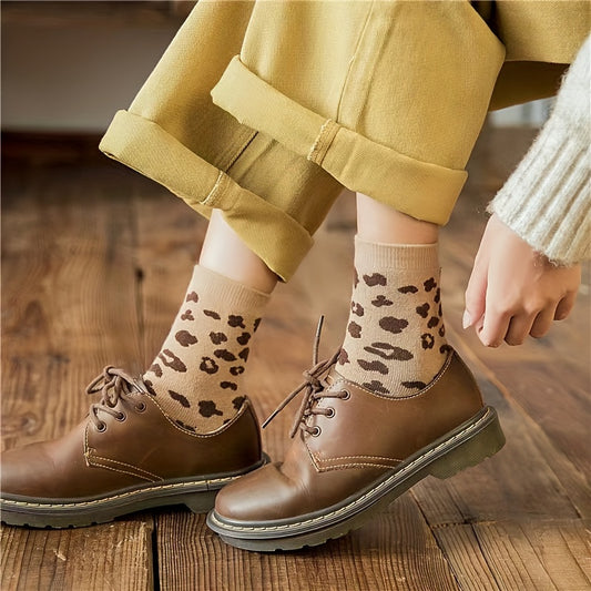 5 Pairs Leopard Print Terry Socks, Stylish Thick Warm Mid Tube Socks For Fall & Winter, Women's Stockings & Hosiery MyFave Boutique