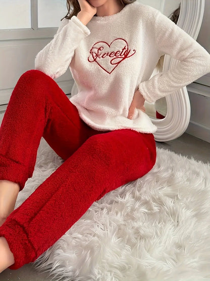 Women's Heart & Letter Embroidery Fleece Thick Casual Pajama Set, Long Sleeve Round Neck Top & Jogger Pants, Comfortable Relaxed Fit For Fall & Winter MyFave Boutique