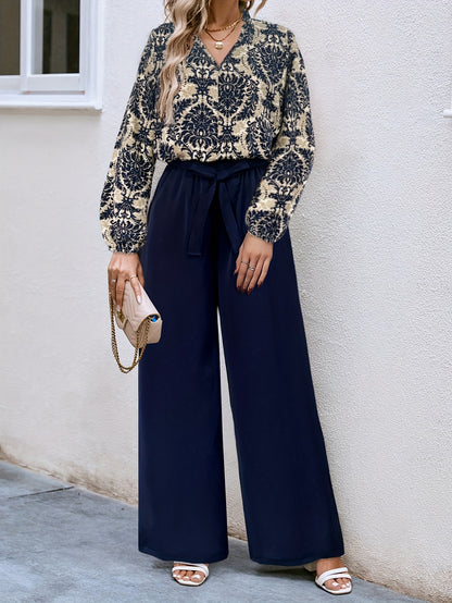 Elegant Two-Piece Pantsuit, Notched Neck Blouse with Long Sleeves & Wide Leg Loose Solid Pants, Women's Clothing Set MyFave Boutique