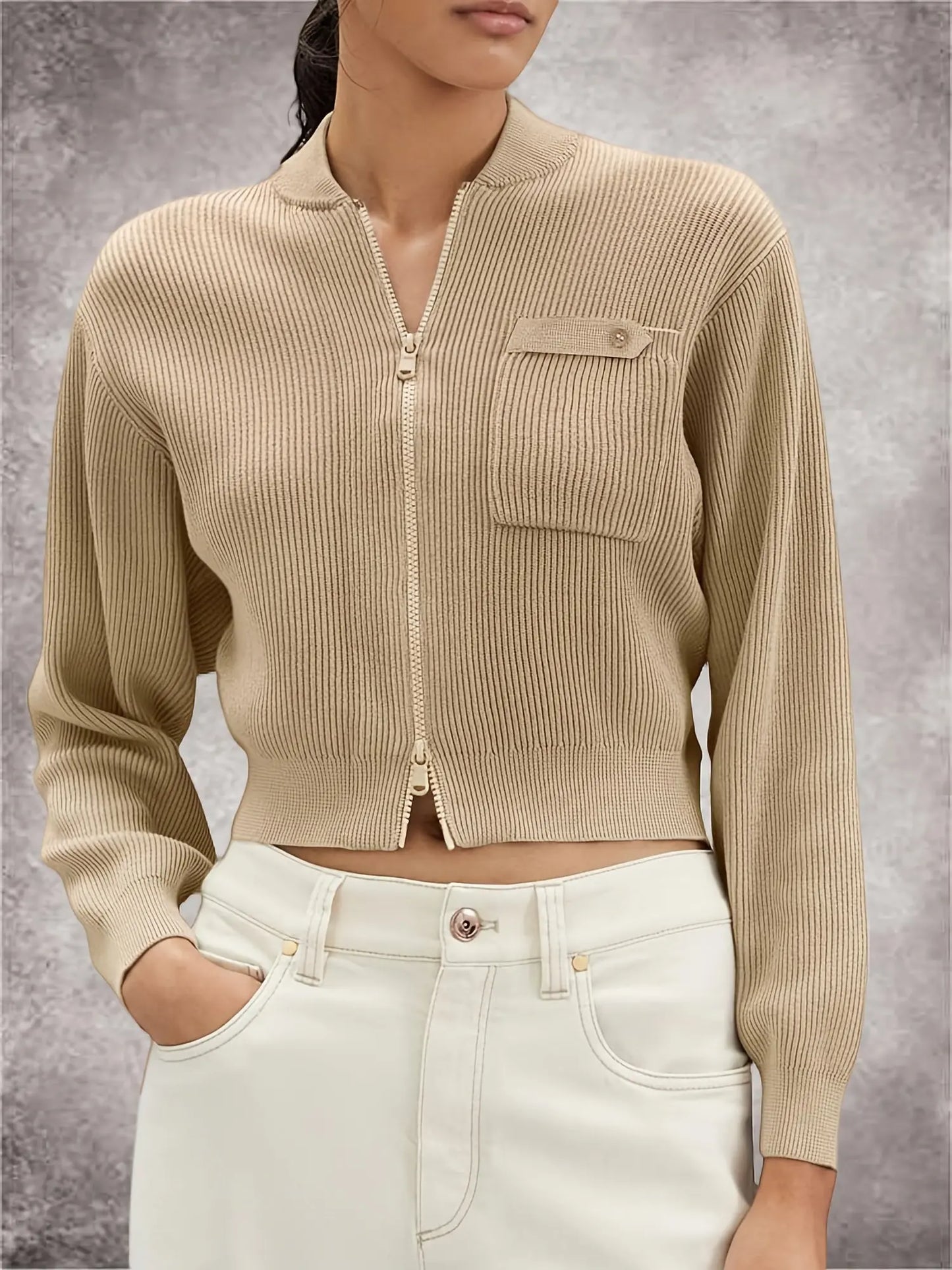 Women's Ribbed Knit V-Neck Zip-Up Cardigan Cropped Sweater - Y2K Trendy Long Sleeve Crop Top MyFave Boutique