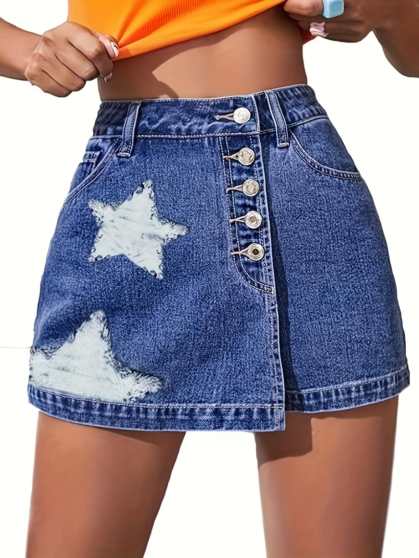 Women's Denim Skort Skirt Shorts A Line Mini High Waisted Casual Button Star Print Ripped Shorts MyFave Boutique