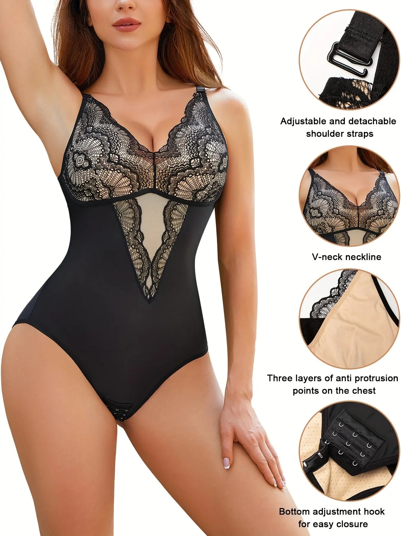 Contrast Lace Shaping Bodysuit, V Neck Sleeveless Slimming Body Shaper, Women's Underwear & Shapewear MyFave Boutique