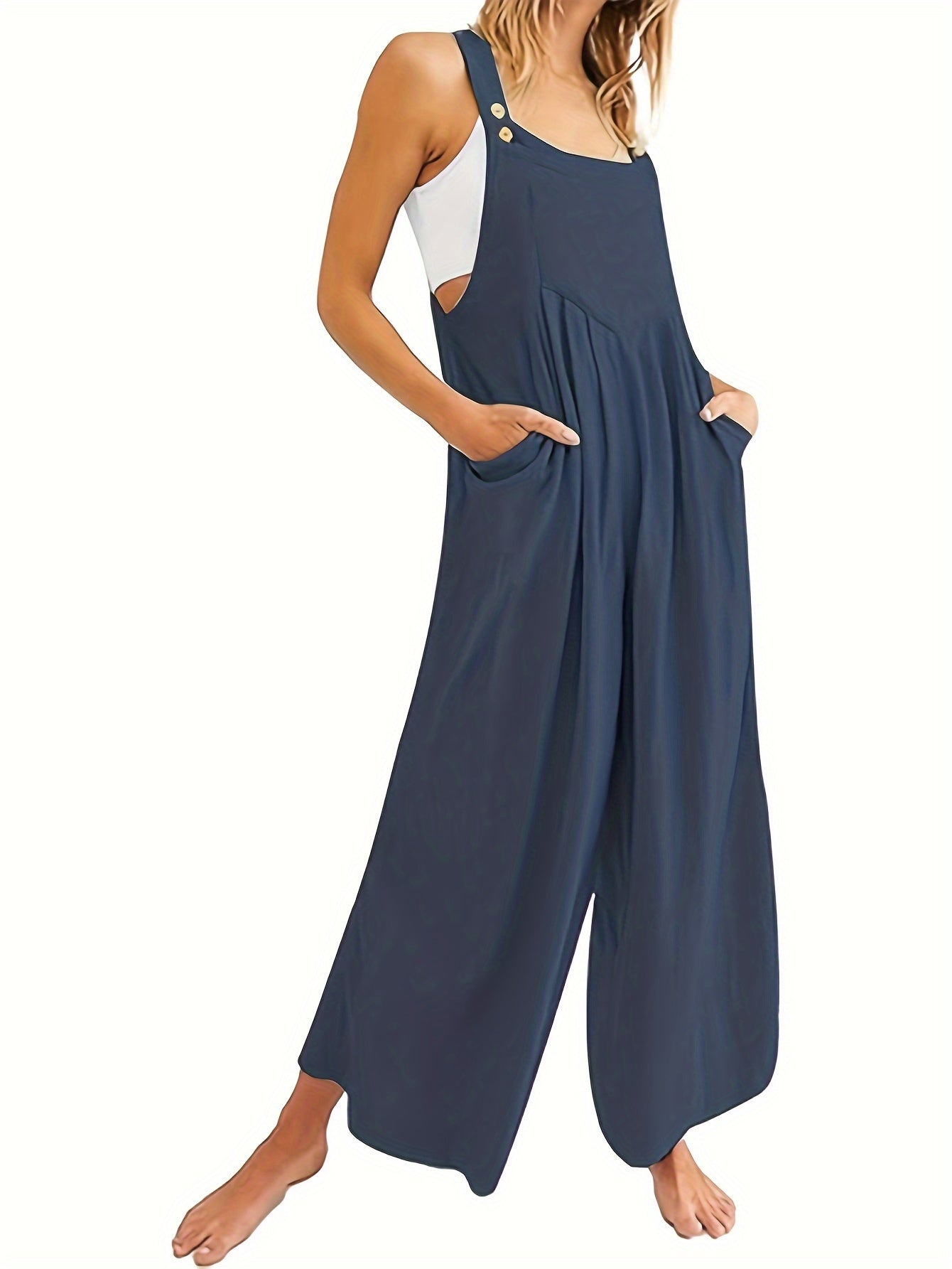 Solid Color Wide Leg Overall Jumpsuit, Casual Sleeveless Loose Overall Jumpsuit With Pocket, Women's Clothing MyFave Boutique