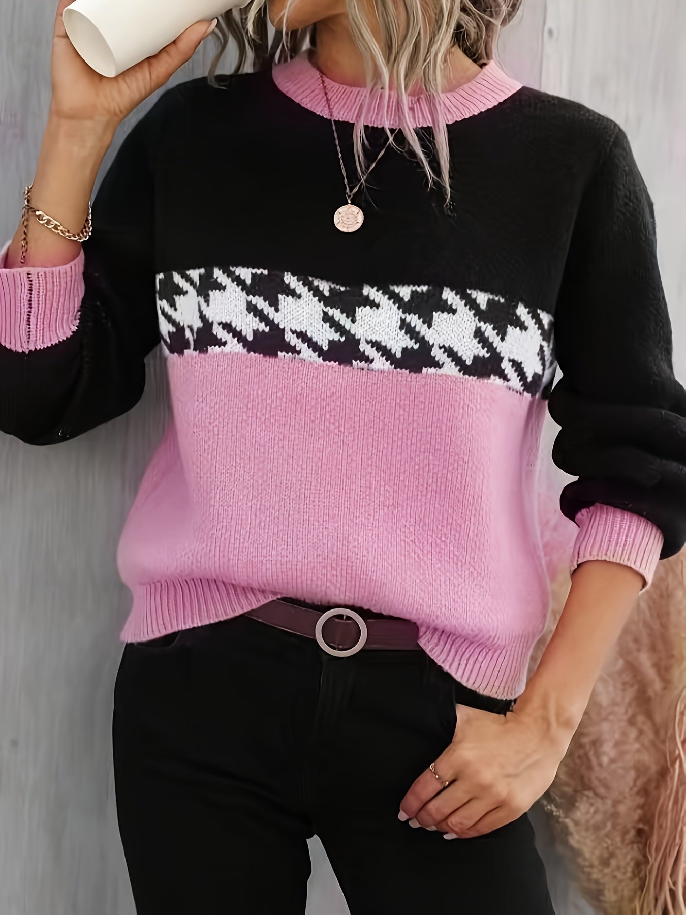 Houndstooth Crew Neck Sweater - Fall/Winter Women's Casual Long Sleeve Pullover MyFave Boutique