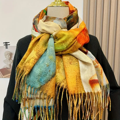 Women's Vintage-Inspired Double-Sided Printed Tassel Shawl - Cozy, Warm Winter Scarf with Classic Design MyFave Boutique