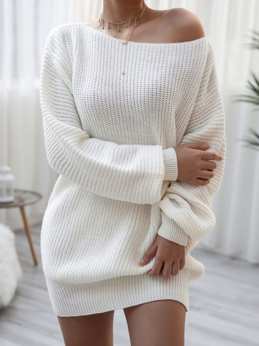 Balloon Sleeve Boat Neck Sweater Mini Dress Trendsi