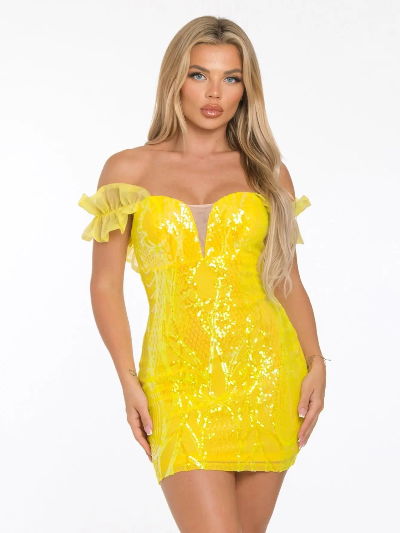 Dazzling Sequin Mini Dress with Off-Shoulder Ruffle Sleeves Perfect for Parties and Special Occasions MyFave Boutique