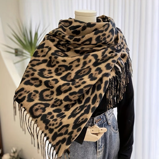 Boho Style Leopard Print Fringe Scarf - 100% Polyester Shawl Wrap, Fashion Accessory for Women, Printed Decorative Scarf for Autumn and Winter, Warm and Windproof, Professional Dry Clean Recommended - Ideal for Going Out and Gifts MyFave Boutique