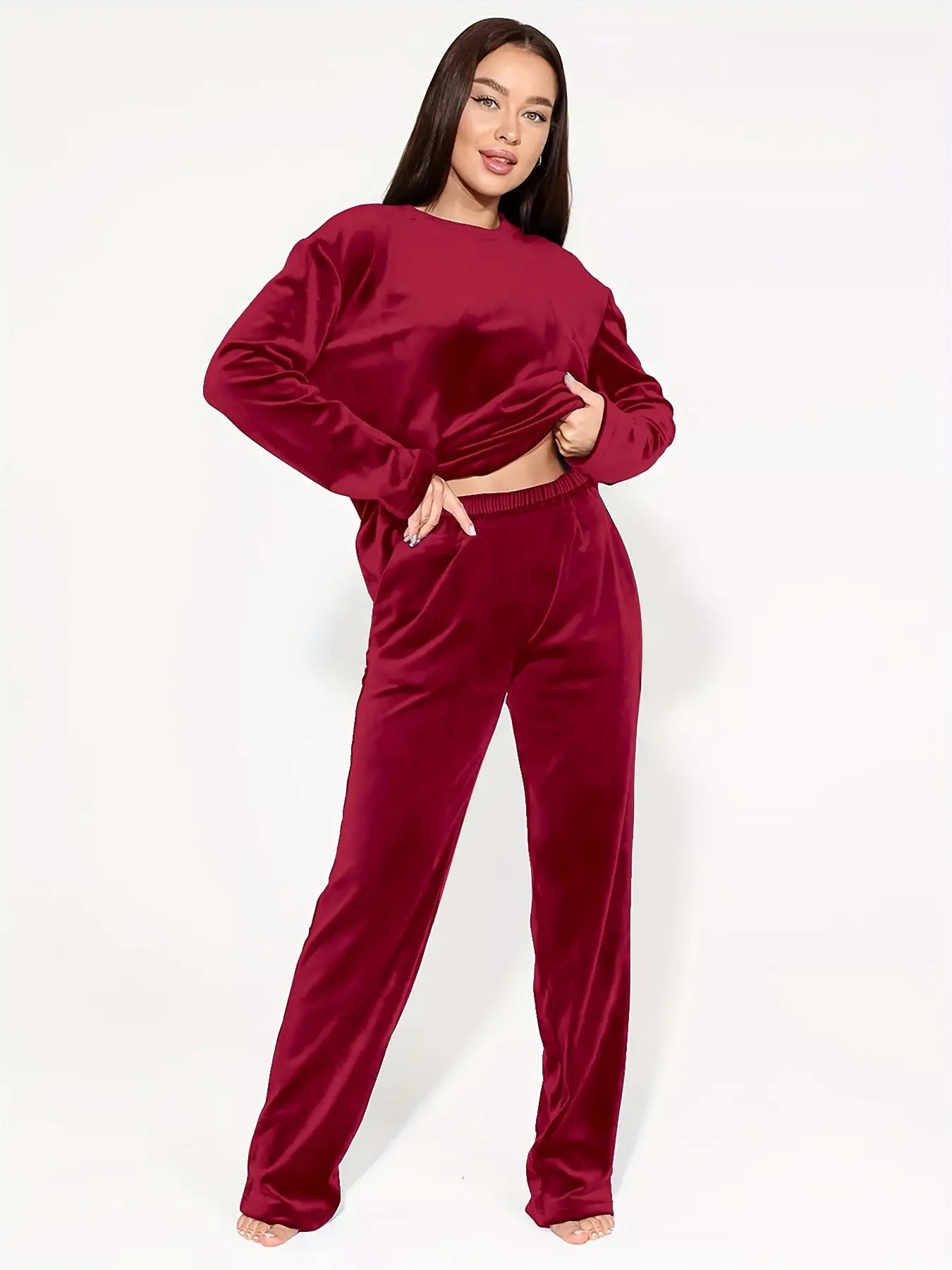 Women's Elegant Solid Velvet Thick Lounge Set, Long Sleeve Round Neck Top & Pants, Comfortable Relaxed Fit For Autumn & Winter MyFave Boutique