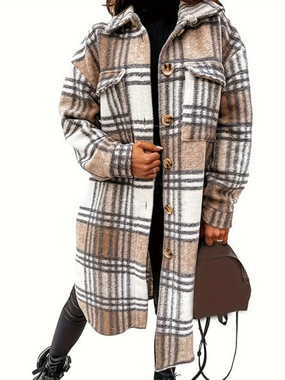 Plaid Print Button Front Long Shirt Jacket, Casual Turndown Collar Long Length Outwear For Spring & Fall, Women's Clothing MyFave Boutique