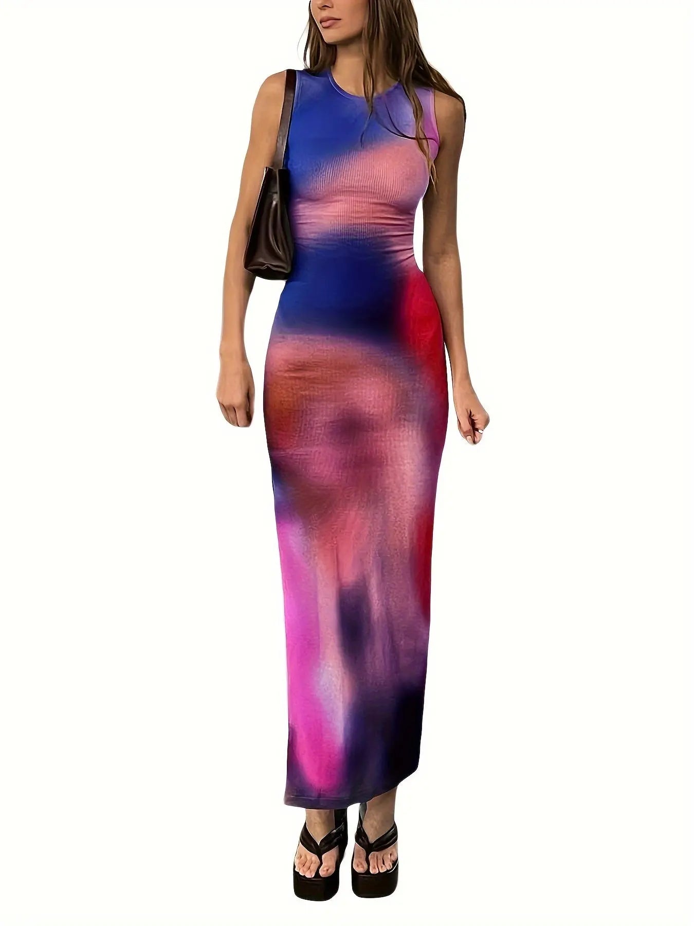 Women's Tie Dye Bodycon Maxi Tank Dress Side Split Summer Long Dress Sleeveless Slim Fit Sundress Party Clubwear MyFave Boutique