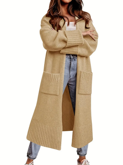 Women's Open Front Dual Pocket Duster Cardigan - Casual Solid Color, Long Sleeve, Drop Shoulder, Longline, Fall & Winter Apparel MyFave Boutique