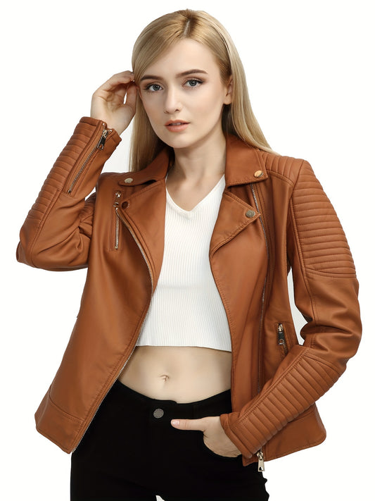 Women's PU Leather Biker Jacket - Stylish Streetwear with Zipper Closure and Long Sleeves MyFave Boutique