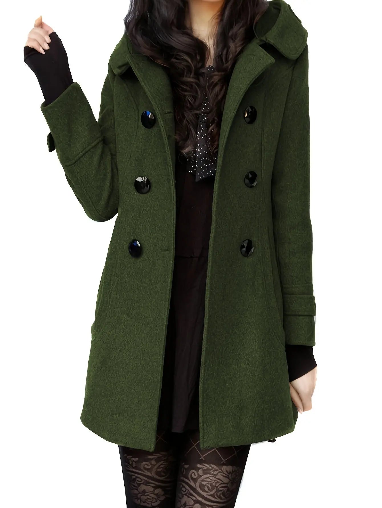 Women's Double Breasted Wool Pea Coat Trench Coat with Hood MyFave Boutique