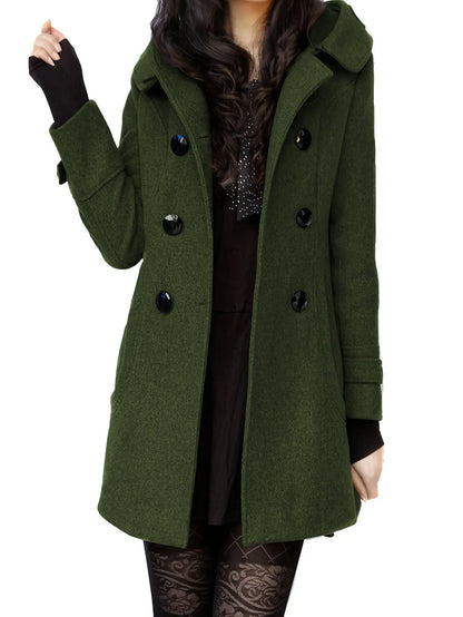 Women's Double Breasted Wool Pea Coat Trench Coat with Hood MyFave Boutique