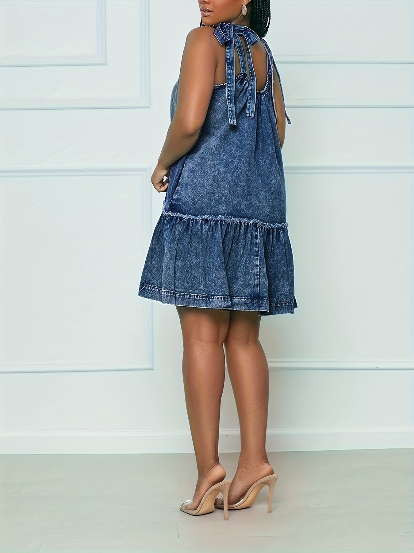 Women's Sleeveless Hollow Out Denim Dress with Adjustable Straps MyFave Boutique