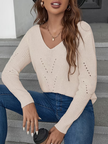 Lace Splicing V Neck Eyelet Sweater, Elegant Long Sleeve Sweater For Fall & Winter, Women's Clothing MyFave Boutique