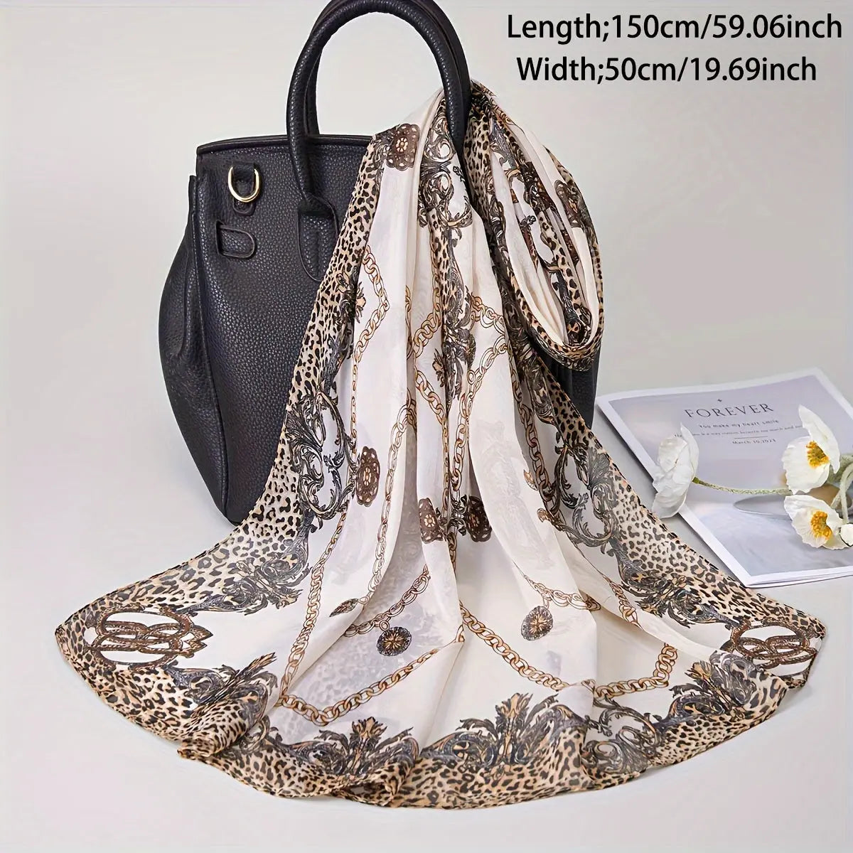 19.7"×59.1" Satin Leopard Bohemia Scarf Classic Chain Print Shawl Sunscreen Head Wrap Travel Beach Towel MyFave Boutique