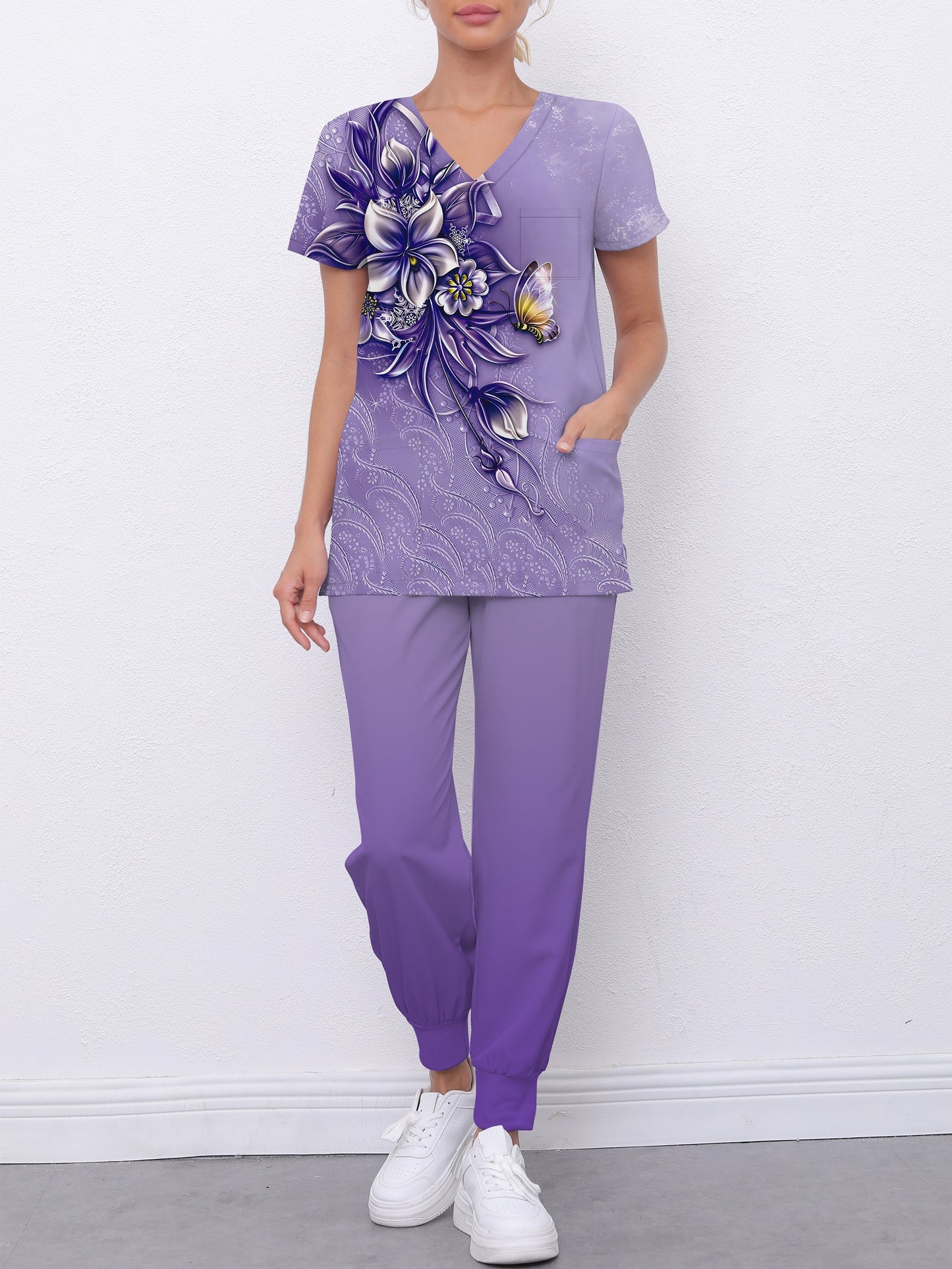 Floral Print Healthcare Uniform Set for Women: Casual V-Neck Top & Fitted Pants with Dual Pockets MyFave Boutique