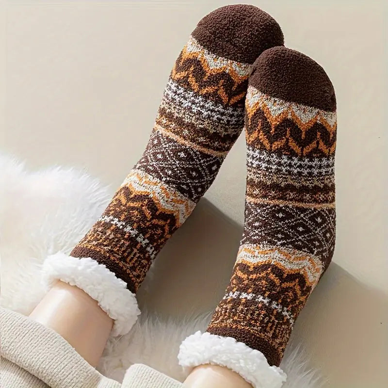 2 Pairs Of Thick Lamb Wool Socks, Winter Cold Resistant, Warm And Heat Storage Plush Socks, Silicone Anti Slip Floor Socks, Ethnic Style Outdoor Socks MyFave Boutique