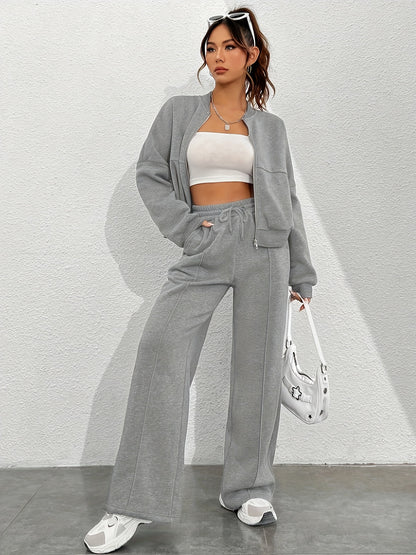 2 Pcs Jacket & Sweatpants Set, Long Sleeve Zip-up Drop Shoulder Jacket & Drawstring Straight Leg Sweatpants, Women's Clothing MyFave Boutique