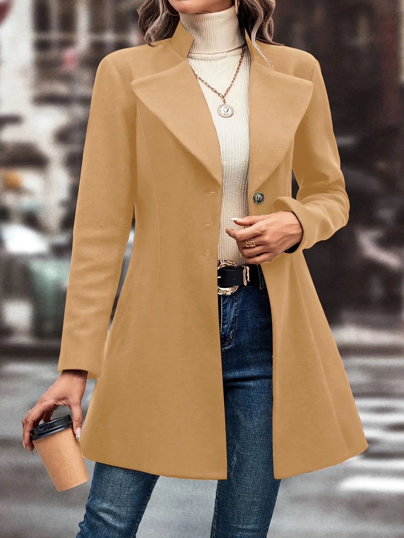 Classic Solid Single Button Lapel Overcoat for Women, Long Sleeve Winter Warmth MyFave Boutique