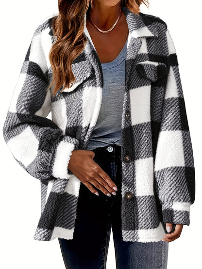 Cozy Plaid Fuzzy Jacket - Soft, Warm, And Stylish Long Sleeve Outerwear With Button Front Closure For Women - Perfect For Fall And Winter Casual Wear MyFave Boutique