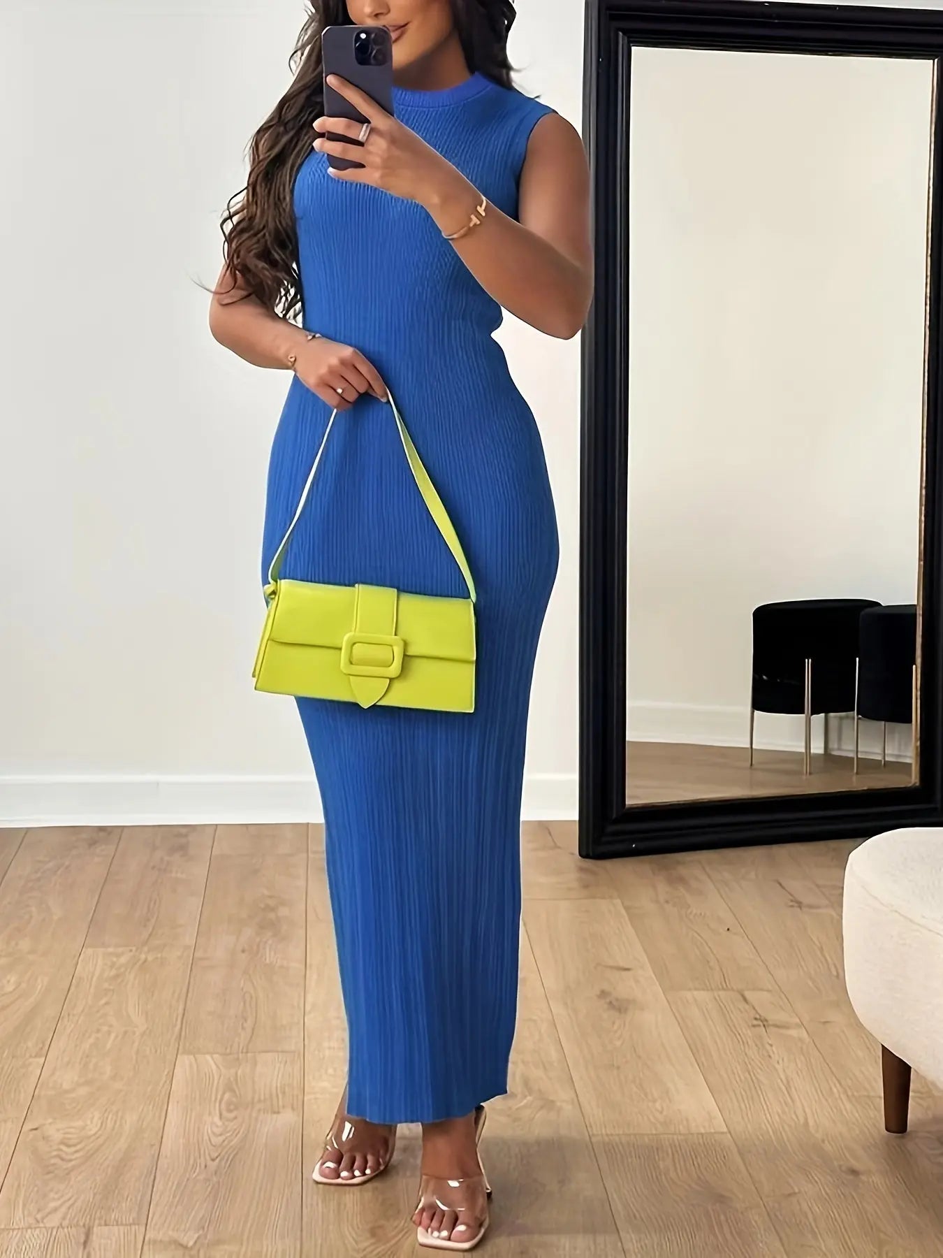 Solid Sleeveless Dress, Casual Crew Neck Bodycon Maxi Dress, Women's Clothing MyFave Boutique