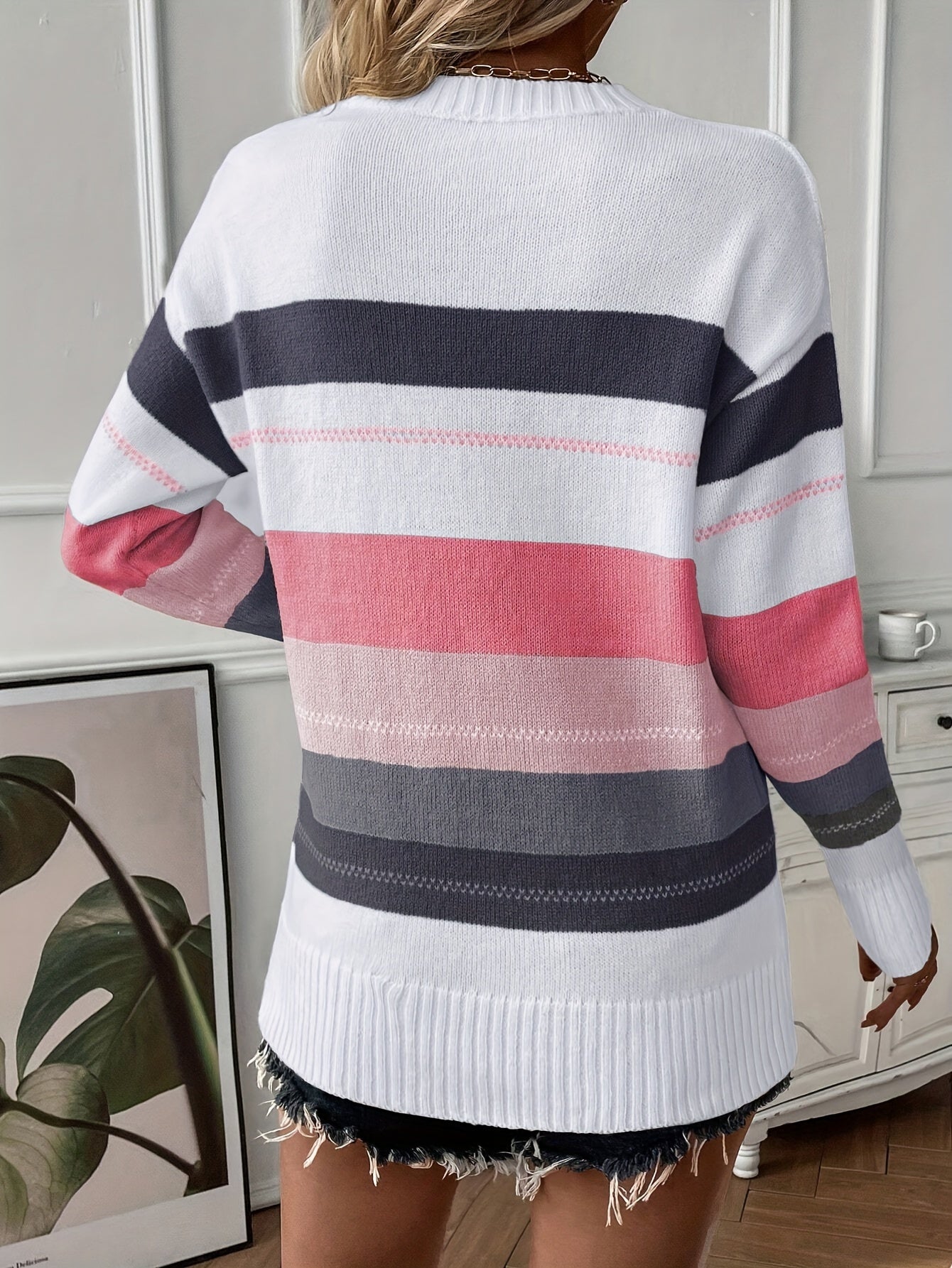 Striped Crew Neck Knitted Sweater, Casual Long Sleeve Pullover Sweater For Fall & Winter, Women's Clothing MyFave Boutique