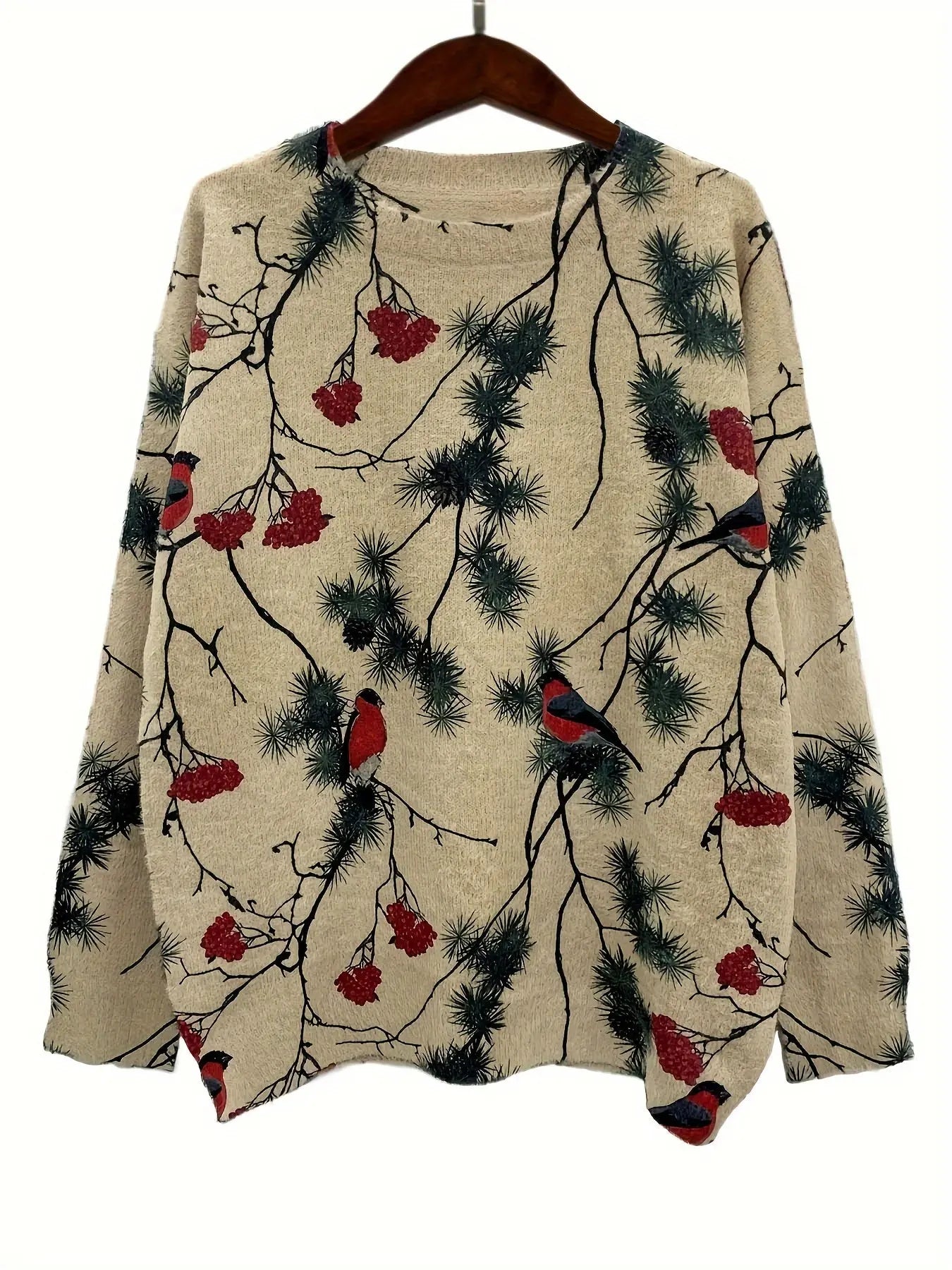 Festive Winter Sweater: Cozy Acrylic & Nylon Blend with Full-Print Pine Branches & Red Berries - Perfect for the Holidays MyFave Boutique