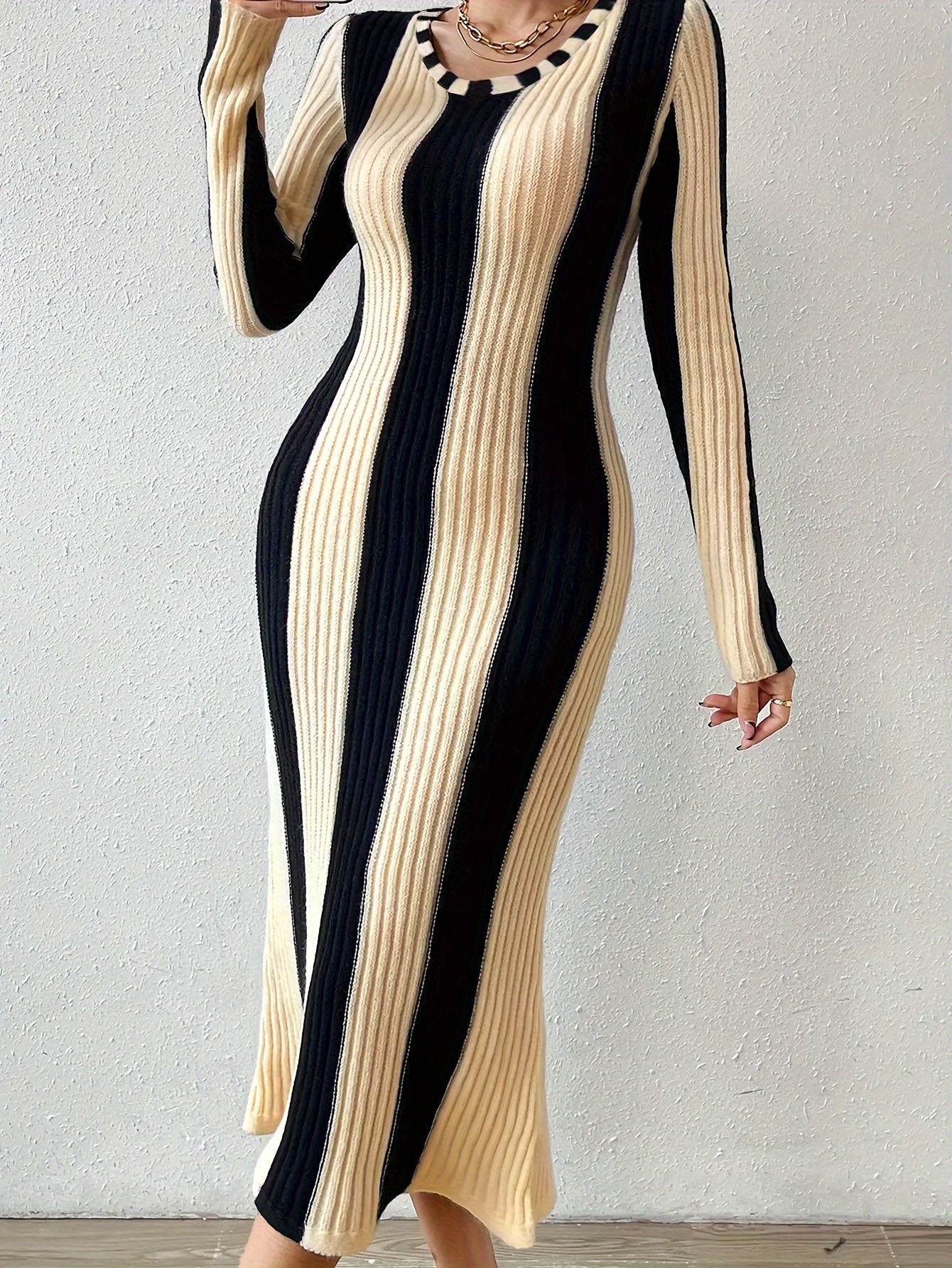 Women's Stripe Color Block Bodycon Dress with Long Sleeves - Flattering Fit and Comfortable Fabric MyFave Boutique