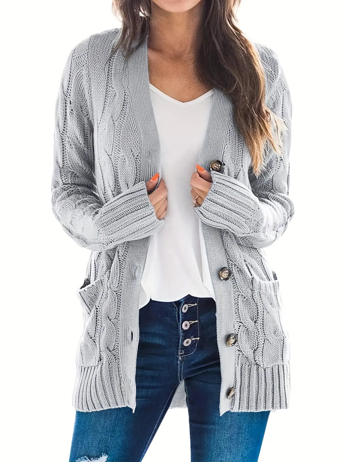 Stylish Cable Knit Button Front Cardigan with V Neck and Pockets for Women's Fall & Winter Wardrobe MyFave Boutique