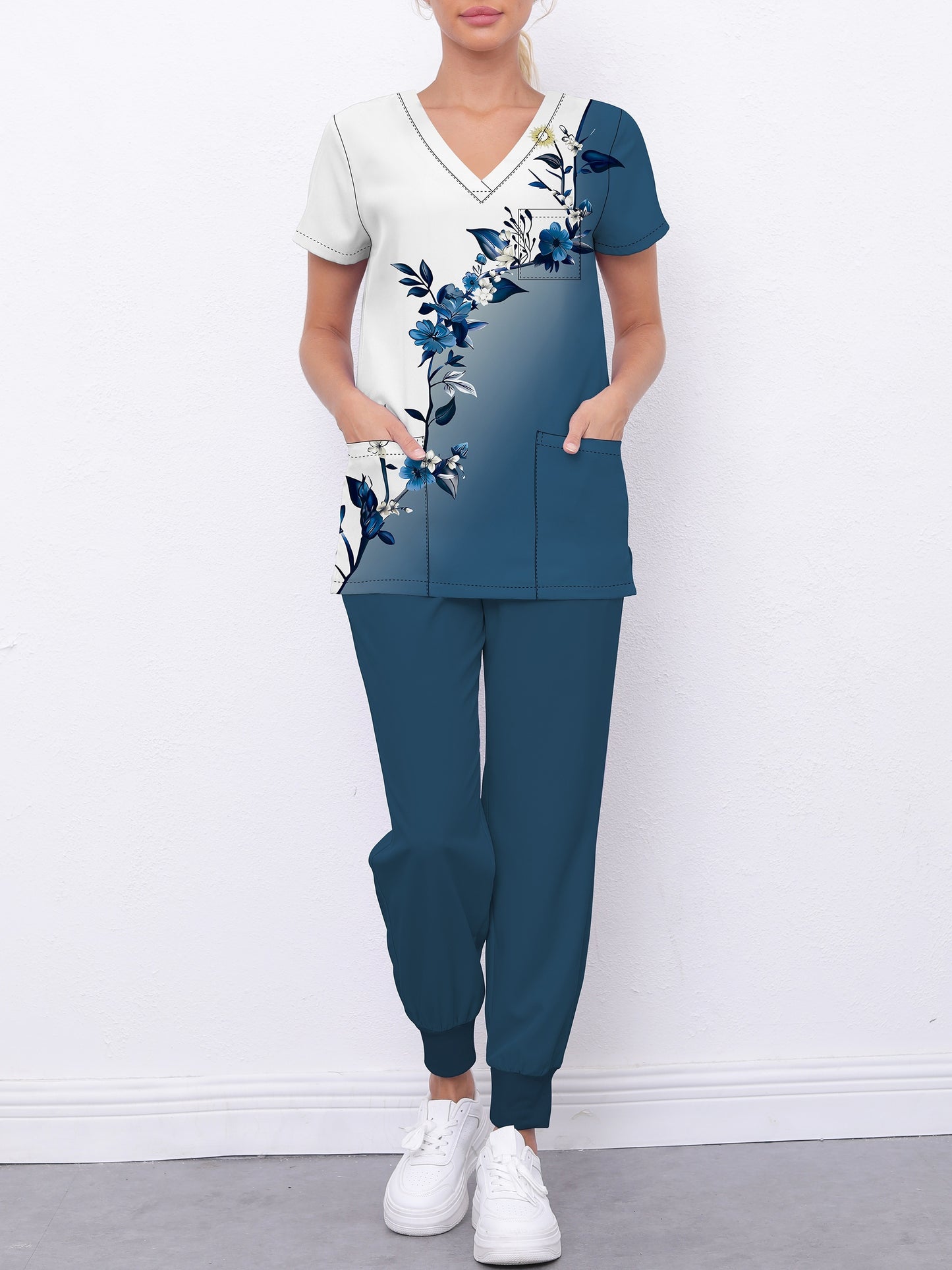 Floral Print Two-piece Scrubs Top, Short Sleeve V Neck Pockets Scrub Top & Jogger Pants Uniform For Hospital, Women's Clothing MyFave Boutique