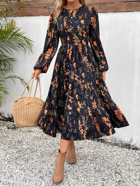 Floral Print Dress Elegant Midi Dress,Long Sleeve A-line Dress, Perfect for Spring & Fall, Women's Clothing MyFave Boutique