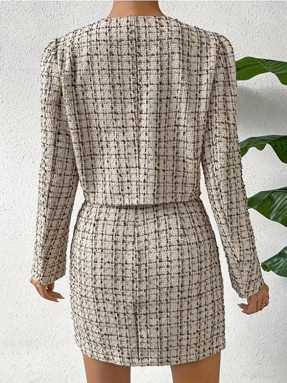 Elegant Plaid Pattern Skirt Set, Single Breasted Long Sleeve Outwear & High Waist Slim Skirt, Women's Clothing MyFave Boutique