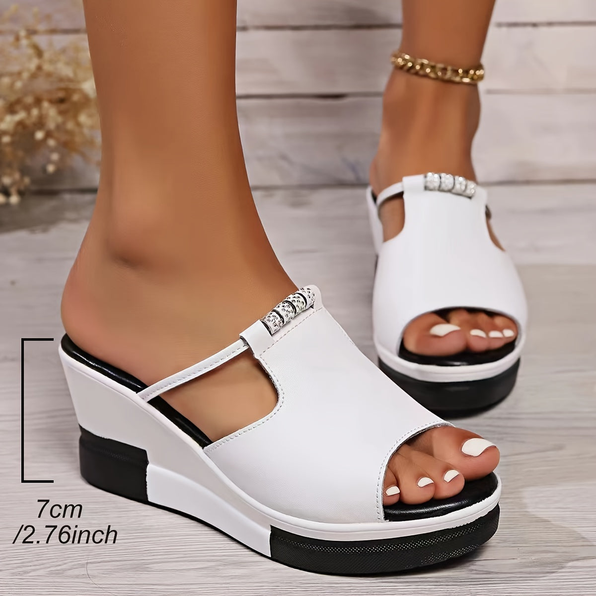 Women's Fashion Rhinestone Decor Wedge Slippers, Stylish Open Toe Summer Sandals With Platform Heels MyFave Boutique