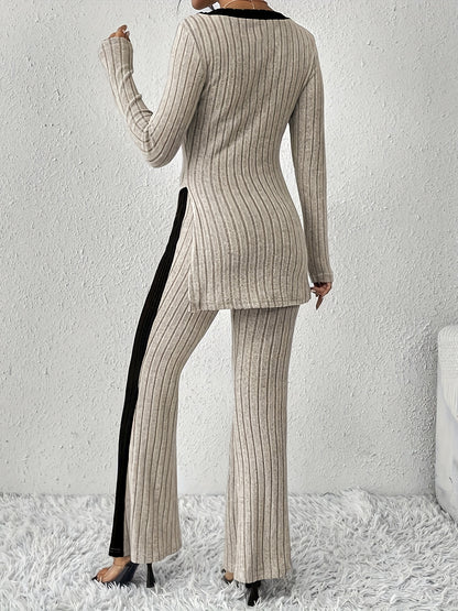 Color Block Rib Knit Pantsuits, Stylish Long Sleeve V Neck Split Hem Top & Flare Leg Pants Outfits, Women's Clothing MyFave Boutique