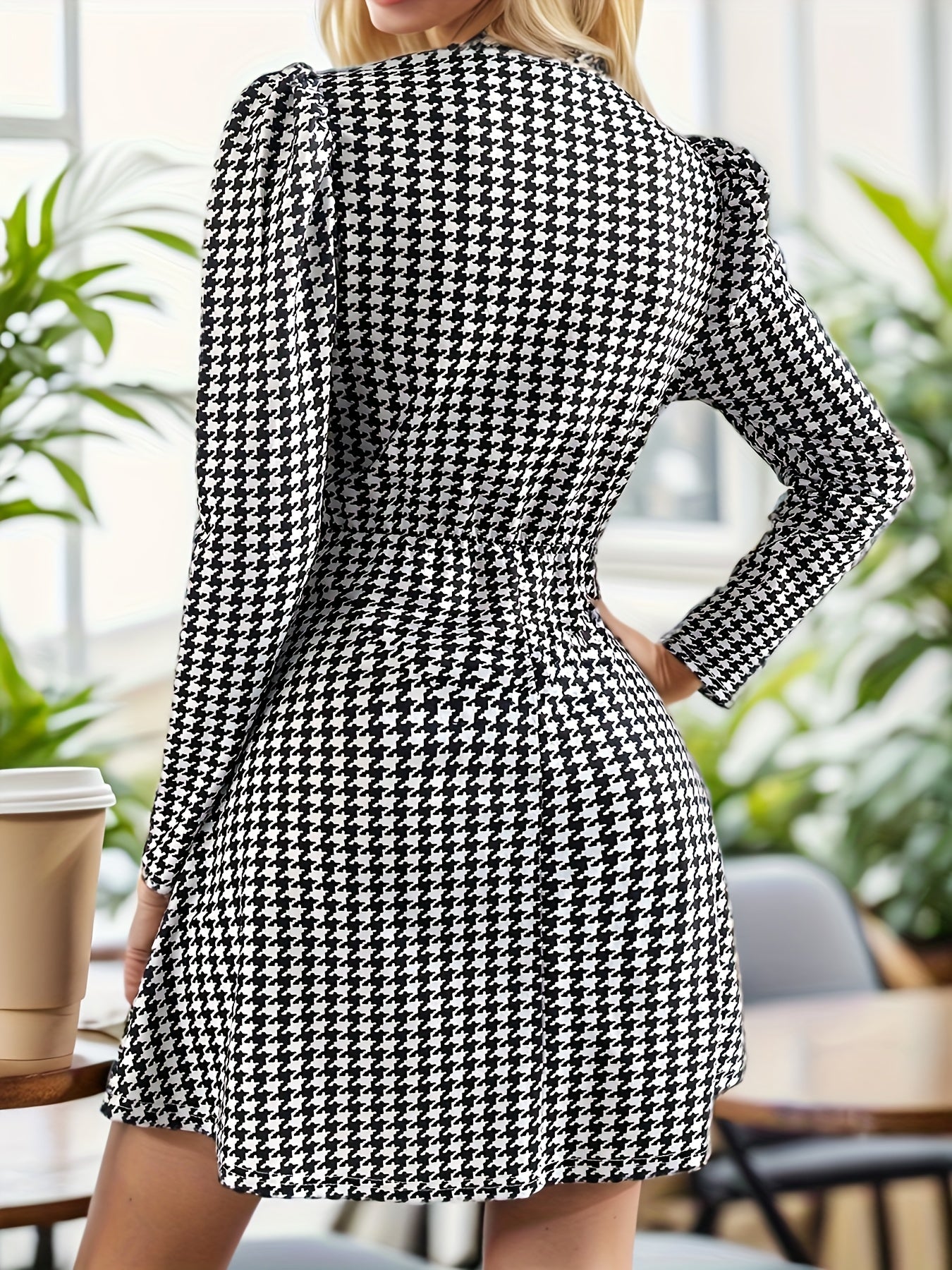 Houndstooth Print V Neck Dress, Casual Long Sleeve Dress, Women's Clothing MyFave Boutique