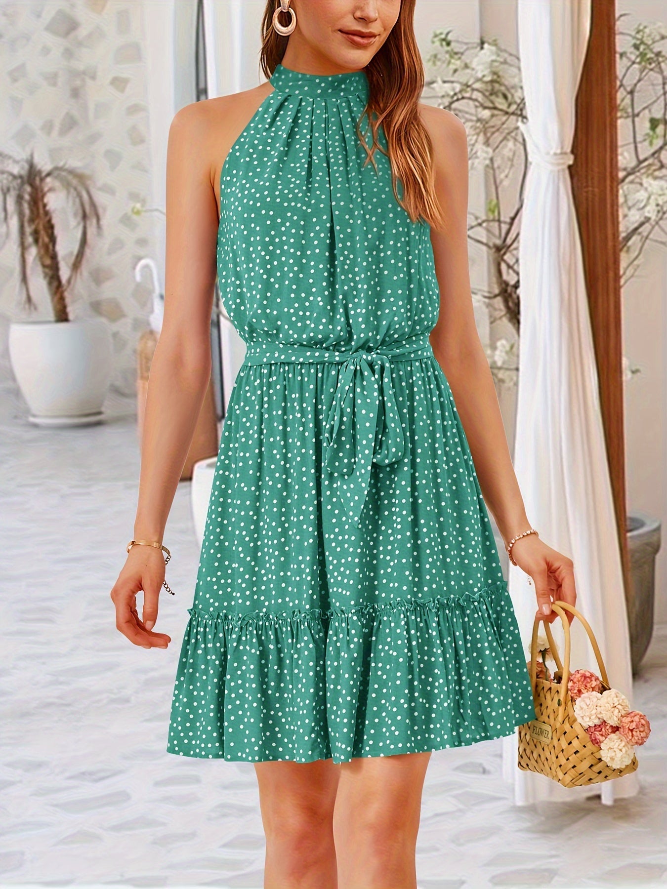 Women 2024 Summer Halter Neck Dresses Sleeveless Casual Floral Polka Dot Print Short Boho Ruffle Sundress MyFave Boutique